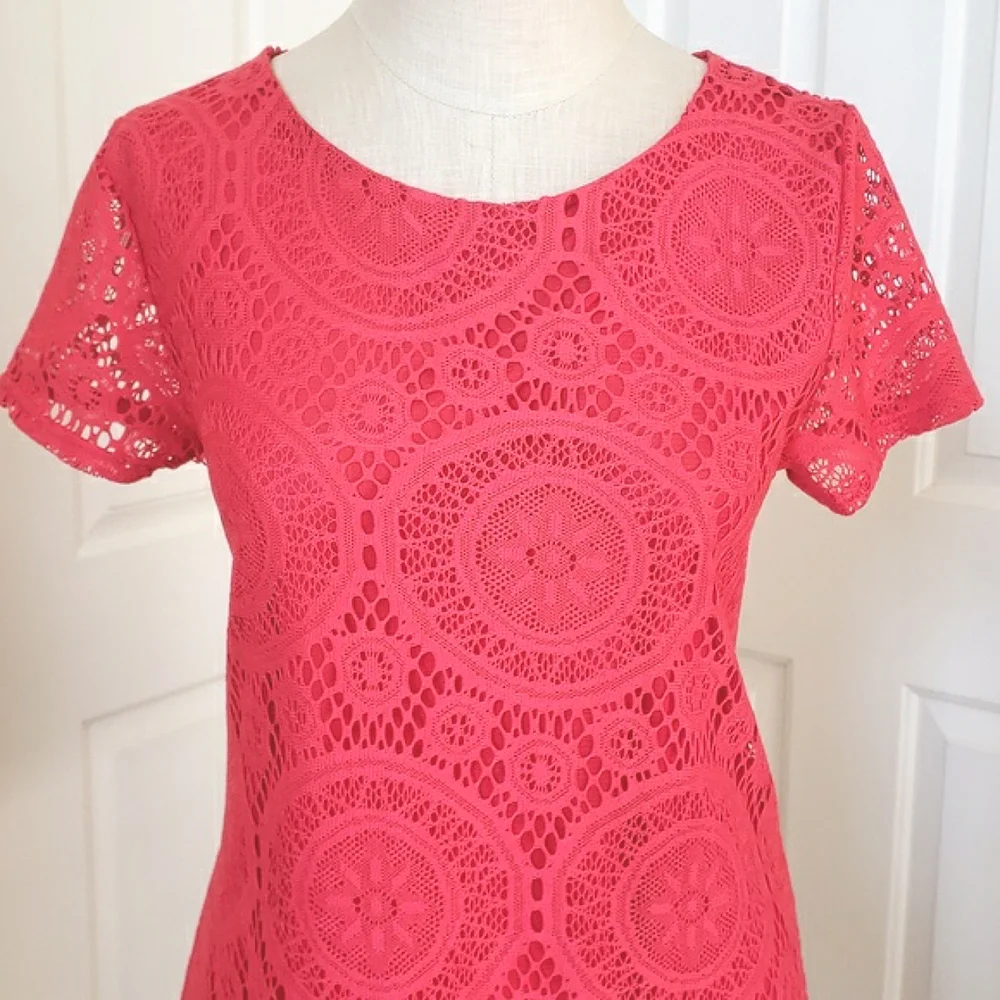 VINTAGE 90's Coral Red Crochet Lace Short Sleeve Shift Dress Tunic SMALL